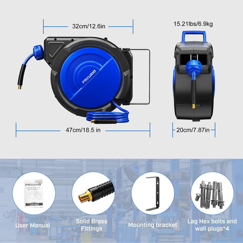 80 Ft Retractable Air Hose Reel Ultimate Garage Workhorse For Air Compressors 300 Psi Max 3 8 Inch Hybrid Tubing dimensions with accessories