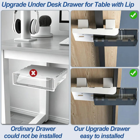 Upgrade Under Desk Drawer for Table with Lip, showing installation comparison of ordinary vs. new drawer for smooth glide.