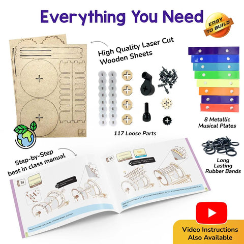 DIY Music Machine Kit For Kids Ages 8 To 14 A Fun Kid Approved Hands On Build It Yourself Musical Toy That Plays Melodies Includes Step By Step Guide Easy To Assemble And Great For Boys And Girls For Hours Of Creative Play wooden parts and manual