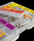 Heavy Duty 725 Piece Phillips Pan Head Machine Screw Assortment Kit With 304 Stainless Steel Nuts And Flat Washers In A Tight Snap Lock Case, organized in labeled compartments.