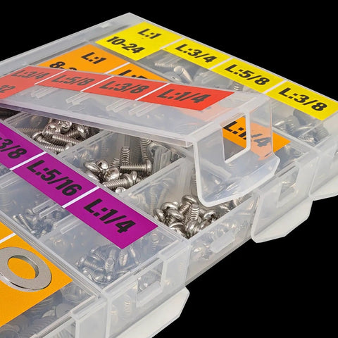 Heavy Duty 725 Piece Phillips Pan Head Machine Screw Assortment Kit With 304 Stainless Steel Nuts And Flat Washers In A Tight Snap Lock Case, organized in labeled compartments.