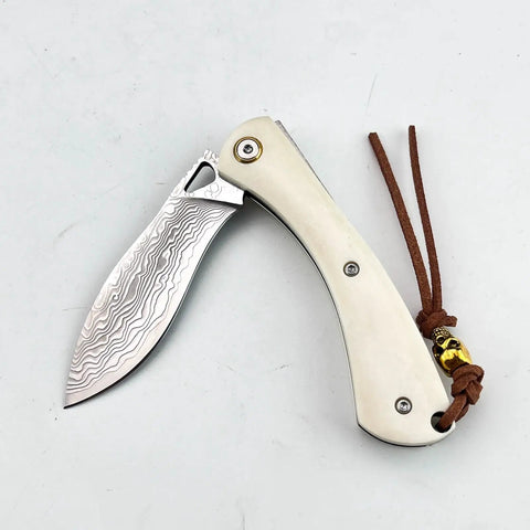 Folding Pocket Knife With 2.99 Inch Damascus Steel Blade And Ivory Synthetic Handle Ultra Portable EDC Knife For Camping And Daily Home Use Built For Everyday Carry And Outdoor Adventures Great Gift For Men