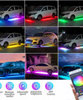 Various cars and SUVs with 4 Piece Underglow Kit For Cars And Trucks App Controlled Multicolor RGB Underbody Lights With Music Sync