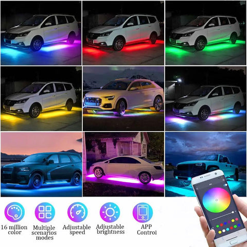 Various cars and SUVs with 4 Piece Underglow Kit For Cars And Trucks App Controlled Multicolor RGB Underbody Lights With Music Sync