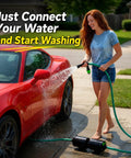 Woman using Spot-Free Deionized Water Filter For Car Washing And Garden Hose Rinse Systems No More Water Spots Quick 5 Minute Setup No Tools Final Rinse That Delivers Sparkling Cars Boats Windows And RVs Wall Mount Or Portable Twin Pack with red car