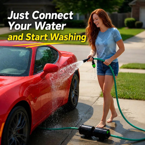 Woman using Spot-Free Deionized Water Filter For Car Washing And Garden Hose Rinse Systems No More Water Spots Quick 5 Minute Setup No Tools Final Rinse That Delivers Sparkling Cars Boats Windows And RVs Wall Mount Or Portable Twin Pack with red car