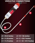 200Cc No Sweat Fluid Extractor Pump With Hella Long Flexible Silicone Hose and Twin Extension Tubes, showing measurement details.
