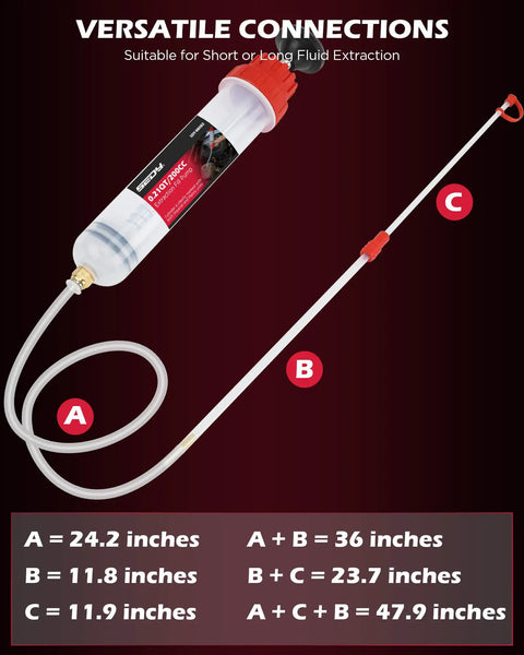 200Cc No Sweat Fluid Extractor Pump With Hella Long Flexible Silicone Hose and Twin Extension Tubes, showing measurement details.