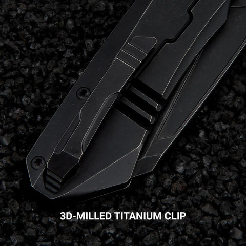 Titanium Pocket Knife With M390 Powder Steel Blade showing 3D-milled titanium clip on textured surface
