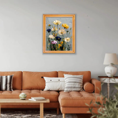 Living room with framed wildflowers painting, similar to the Paint By Numbers Kit For Adults Beginners Wildflowers On Canvas DIY Acrylic Or Oil Easy Step By Step Painting For Chill Relaxation And Home Wall Decor 16 By 20 Inch Without Frame