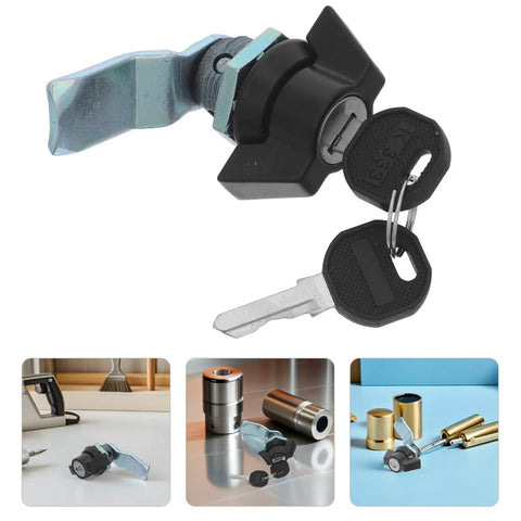 Secure RV And Cabinet Lock Kit with keys, black zinc alloy turn lock, 90-degree rotation, tubular cam, for cabinets and mailboxes.