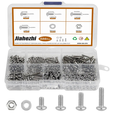 500-Piece Stainless Steel Nuts And Bolts Kit With Flat Washers And Phillips Pan Head Screws, M2 Metric Set In 6mm 8mm 12mm 16mm Lengths