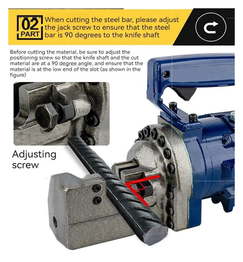 Heavy Duty Portable Hydraulic Steel Bar Shear Crimping Tool With Electric Power Key Start Switch For Cutting And Crimping Tasks adjusting screw and steel bar alignment close-up image