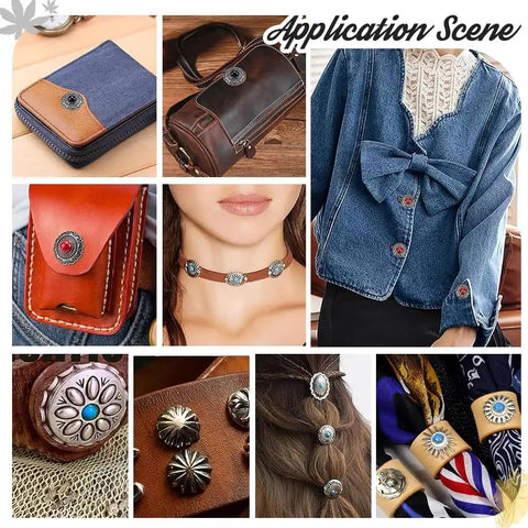 Collage of various applications for 40 Piece Coin Screw Rivets And Decorative Buckles Featuring Eight Killer Sunflower Castings.