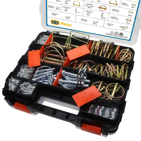 Massive 202 Piece Hitch Pin Kit For Trailers Tractors Trucks And Mowers With Beefy Lynch Pins PTO Pins Clip Pins And Cotter Pins In Zinc Plated Steel For Farm Equipment Snow Plows Lawnmowers And Garage in open black plastic organizer with compartments