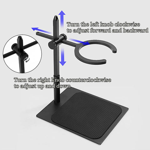 Adjustable Pour Over Coffee Stand Featuring Rock Solid Aluminum Base For Home Office Brewing, showing adjustment knobs and base.