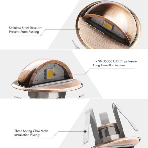 Low Voltage IP65 Waterproof Half Moon LED Step Lights showcasing stainless steel structure and SMD5050 LED for pathways.
