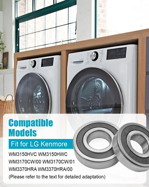 Heavy Duty Bearing And Seal Replacement Kit For LG Front Load Washers Wm3170 Wm3370 Wm3485 shown with compatible washers.
