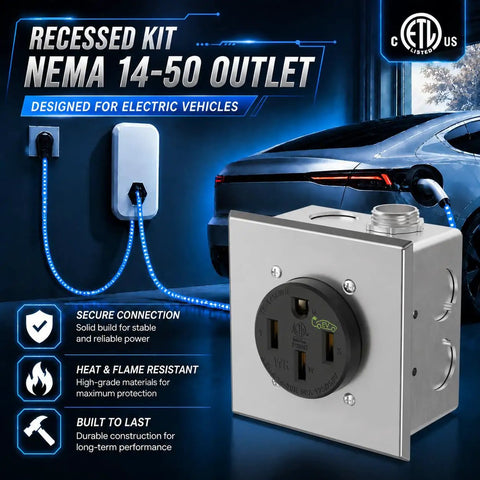 Nema 14 50 Ev Outlet With Surface And Flush Mount Box Kit, Weather Durable 50 Amp Electric Vehicle Charging Receptacle image with secure wall mount.