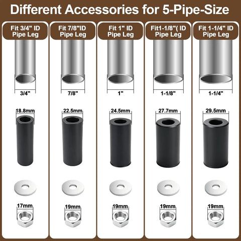 Different Accessories for 5-Pipe-Size regarding furniture caster wheels; includes sizes for pipe legs from 3/4" to 1-1/4".
