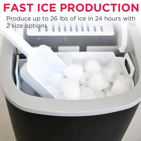Go To Compact Countertop Ice Maker With 26 Lb Per Day Capacity, Black Finish, showing ice cubes inside with scoop