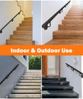 Top Shelf 7 Foot Industrial Pipe Stair Handrail In Classic Matte Black Finish, featured on various indoor and outdoor steps.