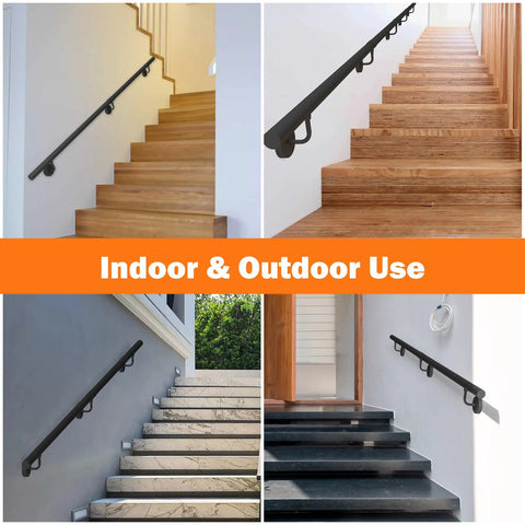 Top Shelf 7 Foot Industrial Pipe Stair Handrail In Classic Matte Black Finish, featured on various indoor and outdoor steps.