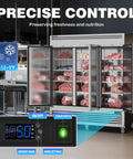 Next Level 3 Door Reach In Commercial Freezer 72 Cu Ft 82 Inches Wide Stainless Steel preserving meat and food freshness in busy kitchen.