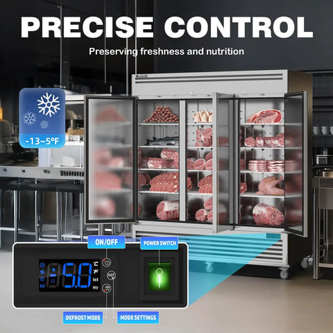 Next Level 3 Door Reach In Commercial Freezer 72 Cu Ft 82 Inches Wide Stainless Steel preserving meat and food freshness in busy kitchen.
