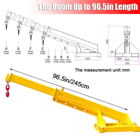Professional Forklift Telescopic Boom Crane Attachment Hoisting 11000 Lbs Without Sweat Includes Heavy Duty Lifting Hook And 96 Inch Adjustable Reach For Rough Daily Grinds with 96.5 inch yellow boom.