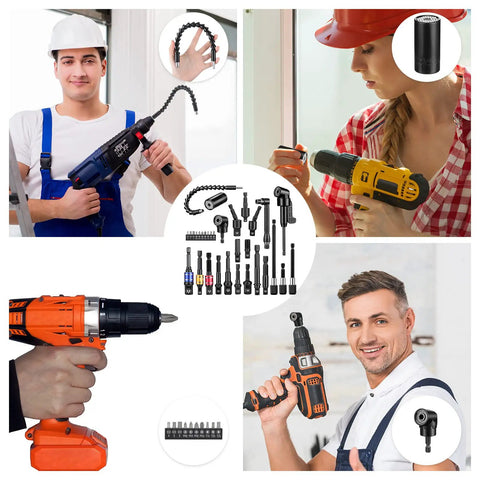 Must Have Pro Grade Flexible Drill Bit Extension Set With 105 Degree Right Angle Attachment, shown with people using drills