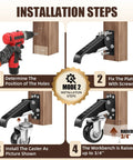 Installation steps for Heavy Duty Workbench Casters Kit 600 Lb Capacity Set Of 4 with mounting options and retractable caster wheels.