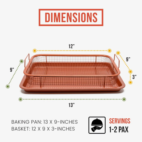 Dimensions of Copper Air Fryer Tray Set For Oven And Toaster Oven, 2 Piece Basket And Baking Pan, Mesh Crisper Tray For Even Airflow