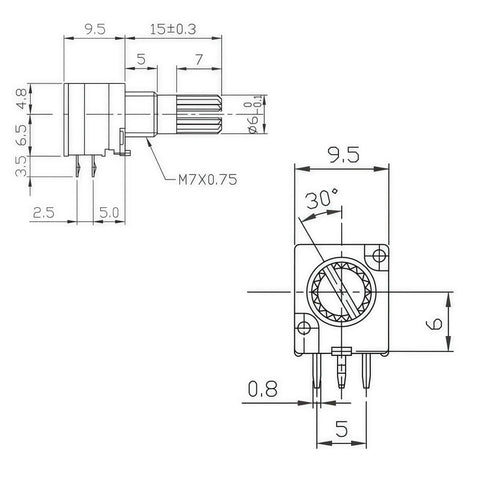 Technical diagram of Ten Pack B50K 6 Pin Dual Linear Rotary Seal Potentiometers For Amplifiers And DIY Audio, 15mm Shaft, RK097N Style Variable Resistors.