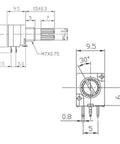 Technical drawing of Dual Linear Rotary Potentiometers With 15mm Shaft Sealed Case For Precise Volume And Tone Control RK097N B5K 6 Pins