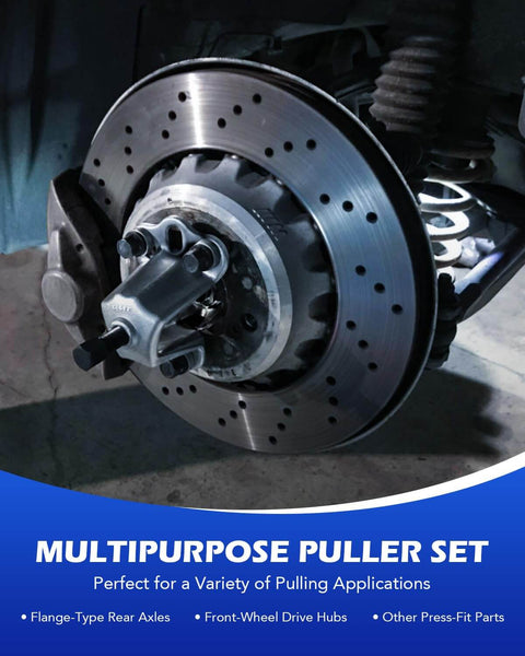 9-Way Internal And External Slide Hammer Puller Set With 5-Lb Hammer in use on car axle for pulling hubs and bearings