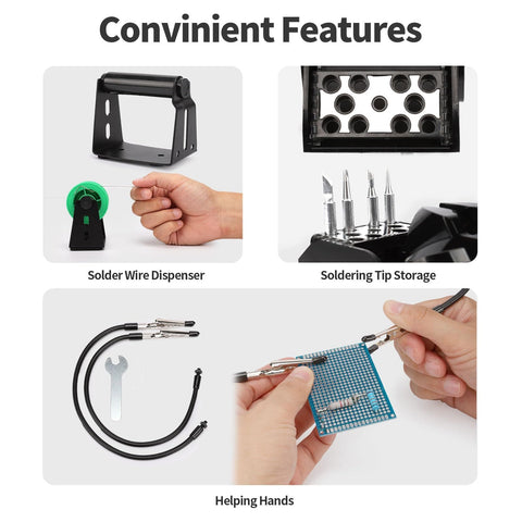 Soldering Iron Station Kit With 60W Soldering Iron, PID Temperature Control, ESD Safe, showing features like dispenser, tips, and helping hands.