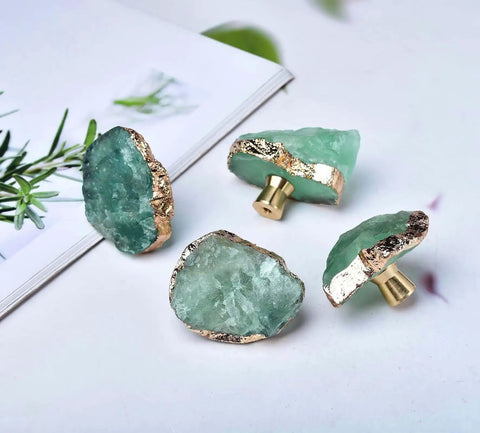 Four green fluorite stone cabinet knobs with gold plating on a light surface, Green Fluorite Stone Cabinet Knobs Set Dope Healing Crystal Drawer Handles Gold Plated Gemstone Cupboard Pulls For Home Office Decor Fits Kitchen Cabinets Dressers 4 Pack