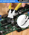 Ultra Sharp Compact Wire Cutters And Long Flat Nose Pliers 2 Pack For Crafts Flowers Plastics Home Appliances And Precise Clean Cuts In A Handy Pro Grade Cutter Set cutting wire on circuit board.