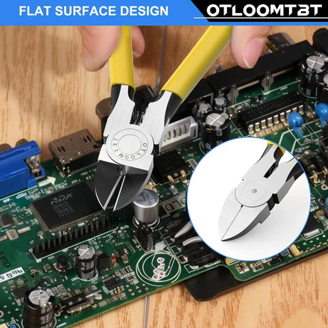 Ultra Sharp Compact Wire Cutters And Long Flat Nose Pliers 2 Pack For Crafts Flowers Plastics Home Appliances And Precise Clean Cuts In A Handy Pro Grade Cutter Set cutting wire on circuit board.