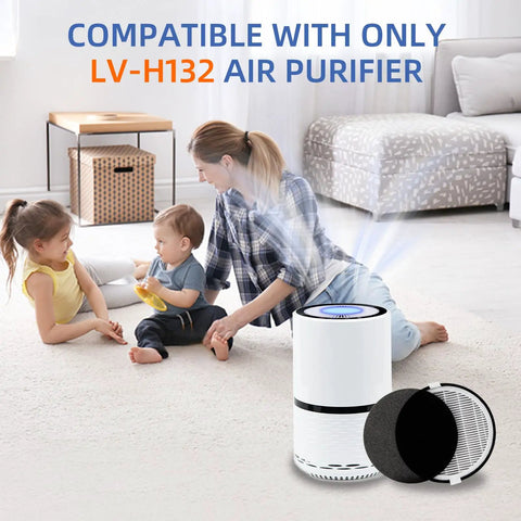 Replacement 3 In 1 H13 True HEPA And Activated Carbon Filter For LV H132 Air Purifier 2 Pack shown with family in living room