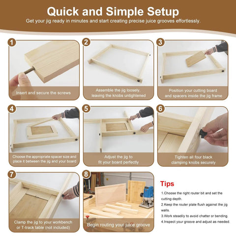 Step-by-step guide showing setup of Adjustable Juice Groove Router Jig With 8 Spacers Wooden Router Guide for DIY woodworking projects.