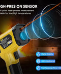 Non Contact Infrared Thermometer Gun With Adjustable Emissivity And Max Readout, Laser Guided 13 Point System, Temperature Range From -58F To 1472F, Pro Grade Temp Gun For Cooking, Freezer, Pizza, HVAC And Quick Surface Readouts. Yellow infrared thermometer gun with laser beam.