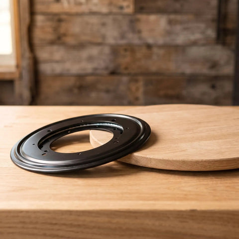 Heavy Duty 9 Inch Lazy Susan Hardware Offering Dead Smooth Ball Bearing Spin, Rock Solid Black Turntable Base on wood surface.