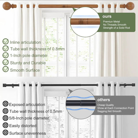 Comparison of two pack imitation wood grain curtain rods with ball finials, adjustable 1 inch diameter rails for 28 to 48 inch windows