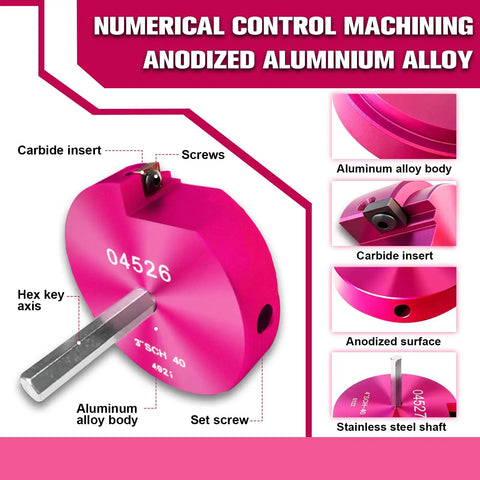 PVC Pipe Reamer Kit With Carbide Blades, 6 Pack For Plastic Pipe Fittings, CNC aluminum head, stainless steel shaft close-up