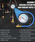 Universal Auto Vacuum Coolant Filler Kit With Pneumatic Purge for radiator refilling shown with gauge and hoses