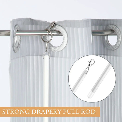 No Sweat Curtain Pull Wands 46 Inch White Acrylic Drapery Rod Openers With Hooks And Rings Heavy Duty Window Treatment Essentials For High Ceilings Smooth Glide Action with rings and curtain.