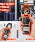 Digital Clamp Meter Multimeter 6000 Counts with Auto Ranging True RMS for AC and DC Current and Voltage, showing NCV test