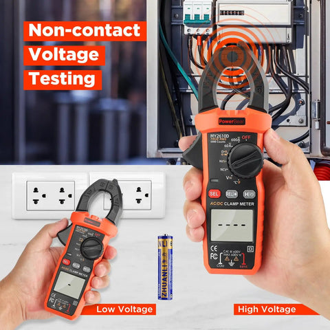 Digital Clamp Meter Multimeter 6000 Counts with Auto Ranging True RMS for AC and DC Current and Voltage, showing NCV test